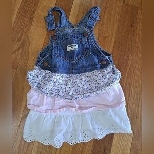 OshKosh B'Gosh Baby Girl Denim Overalls Dress Tiered Lace Ditzy Floral 24 Months